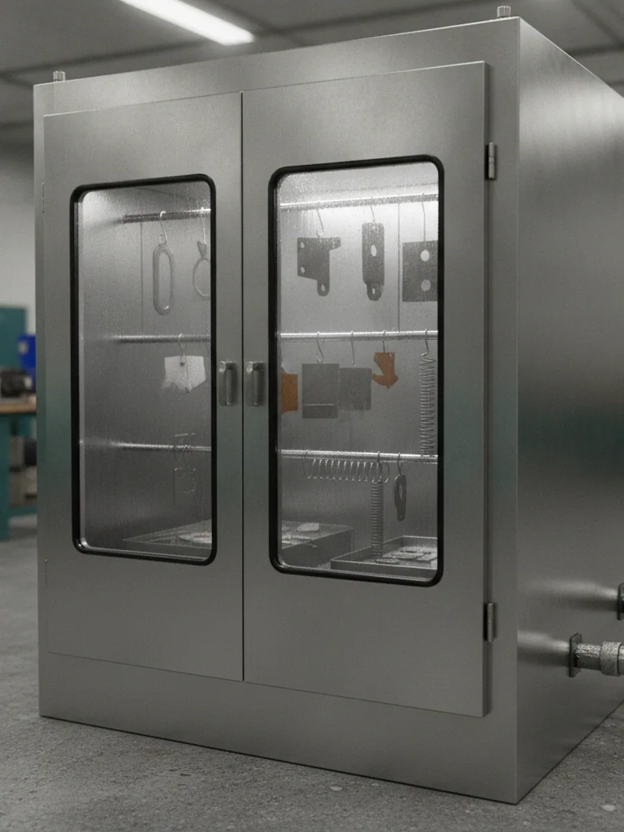 Salt spray cabinet used for the 48-hour neutral salt spray test on seat frames and brackets