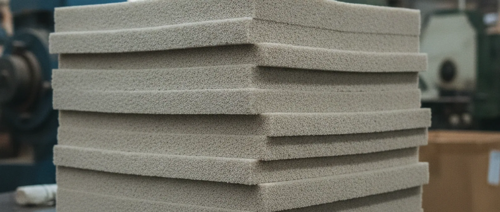 Foam sheets stacked at the foaming line before cushions are moulded