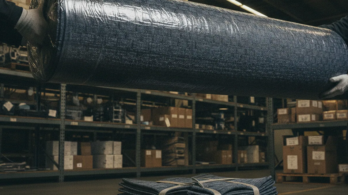 PVC cover material rolled on the rack before cutting for agricultural machinery seats