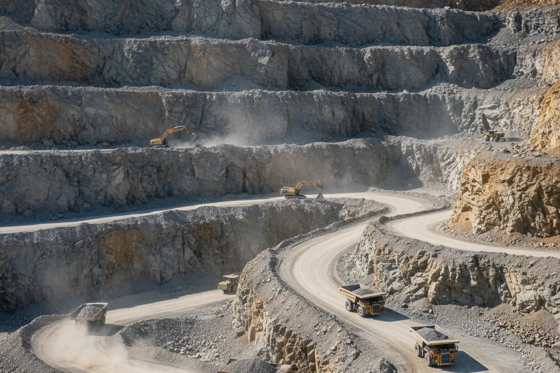 Quarry benches and haul road worked by excavators and dump trucks — the ground a construction machinery seat answers all shift