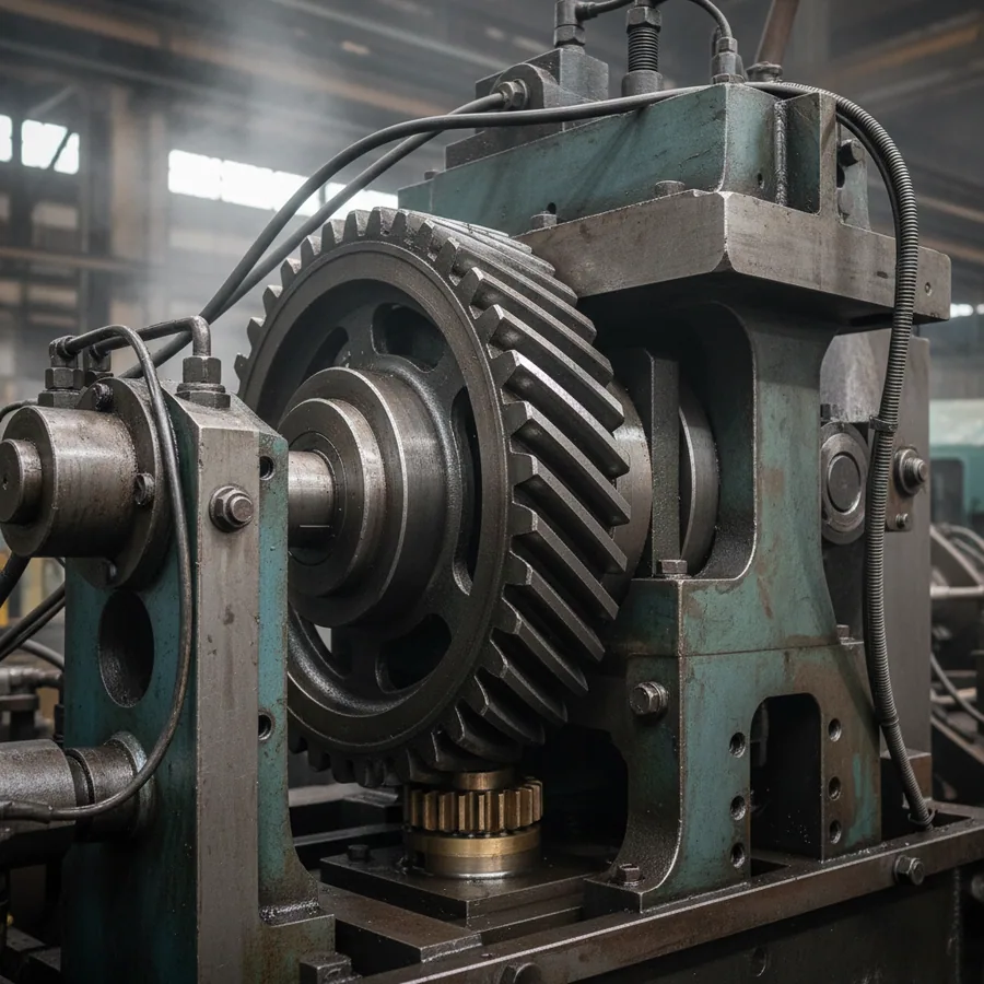 Toothed gear on a machine assembly, close up