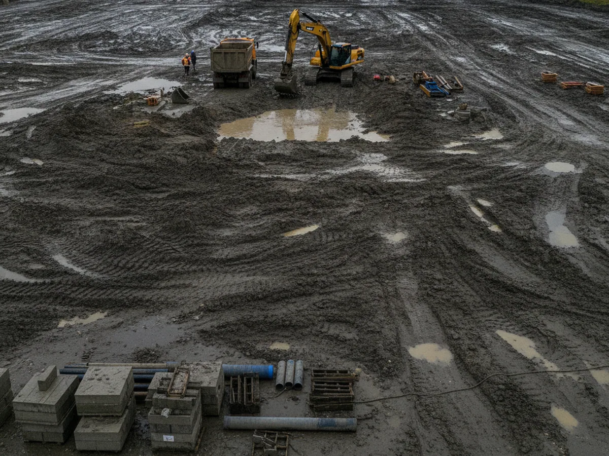 Wet churned ground at a site
