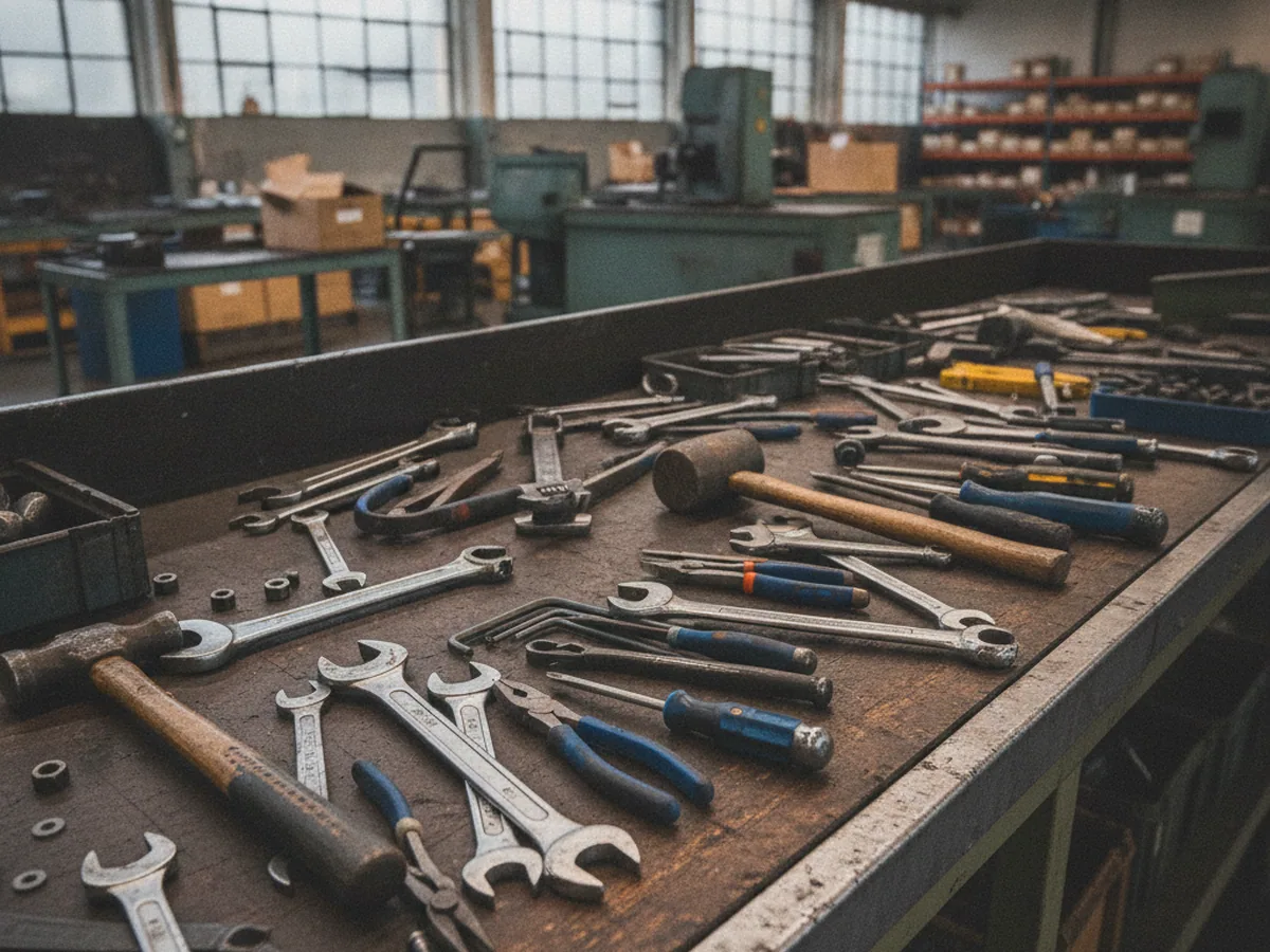 Hand tools on an assembly bench