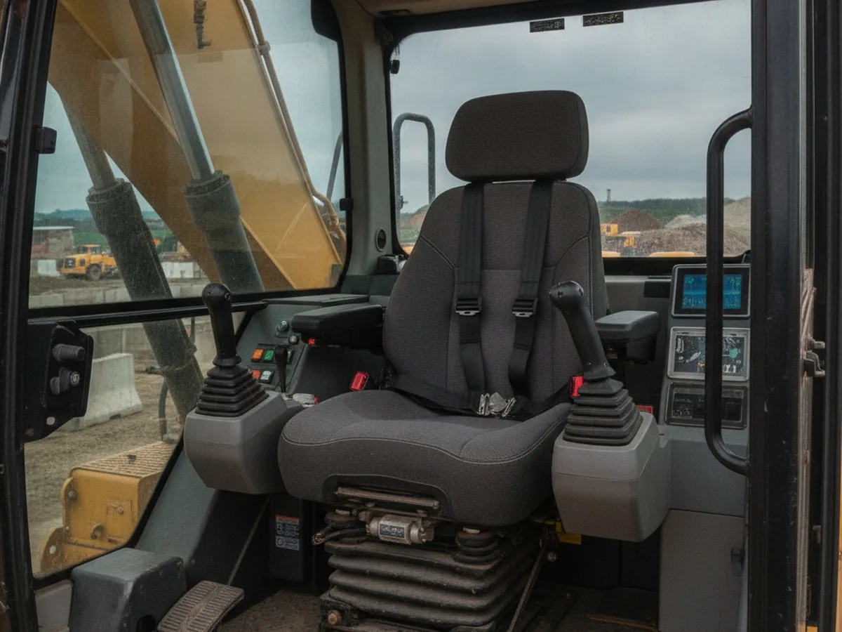 KL02 high-back construction machinery seat in an excavator cab, representative view