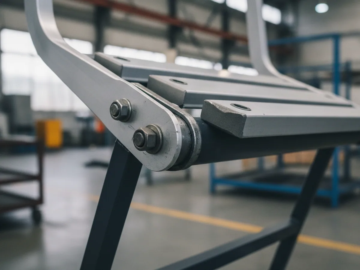 Pivot bracket on a folding seat frame, representative of the forward-fold hinge on the YS2-8 construction machinery seat