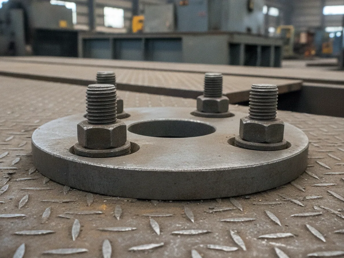 Bolted mounting point on a steel deck — the floor-plate interface a construction machinery seat bolts to