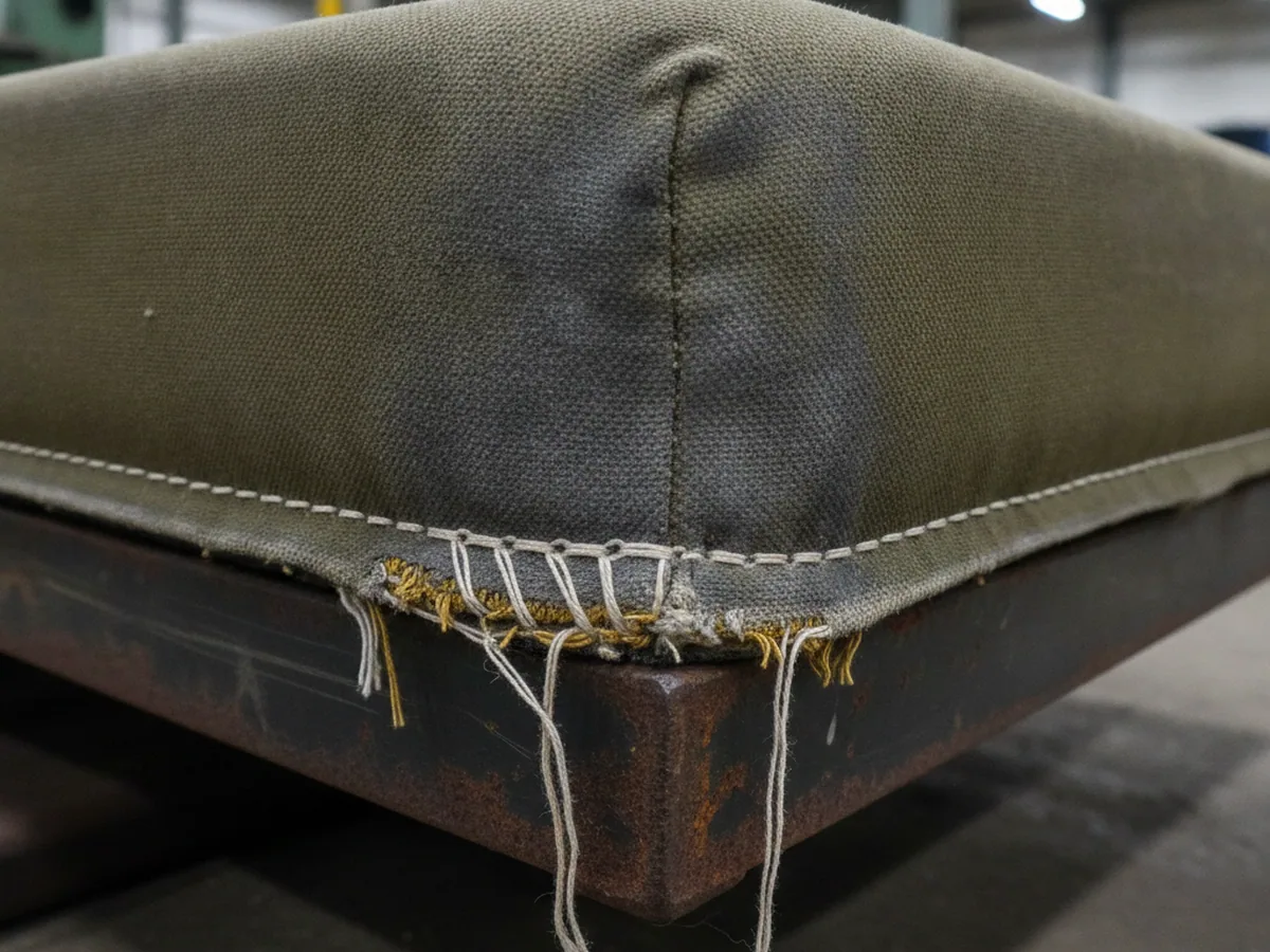 Worn stitched edge of an upholstered surface — the first wear point on a construction machinery seat cover