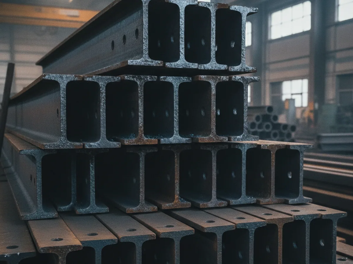 Stacked steel rail sections, drilled along the web