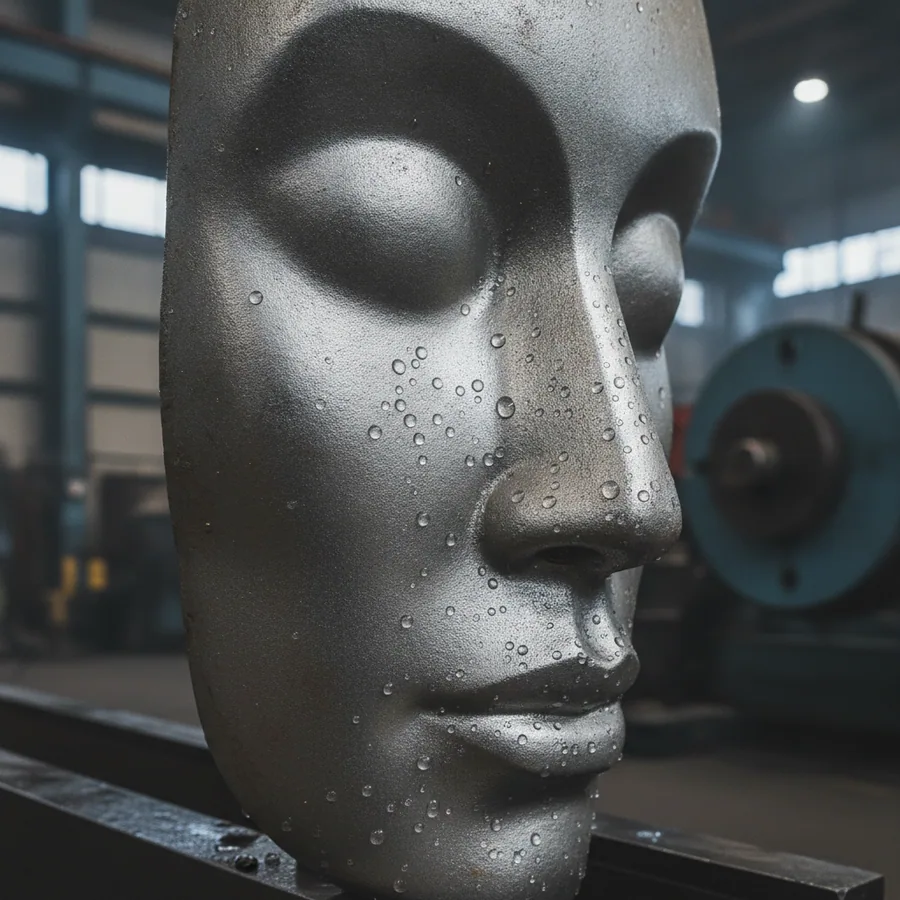 A cast metal face in silver-grey, water standing on it in beads