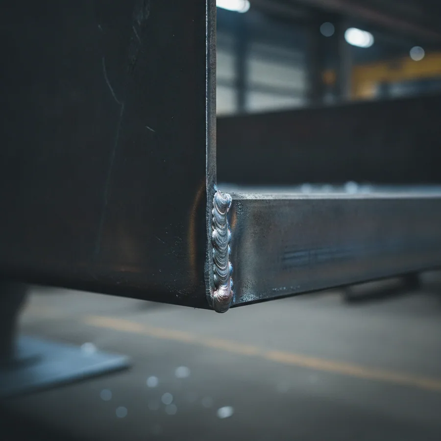 A welded seam along the folded edge of dark steel