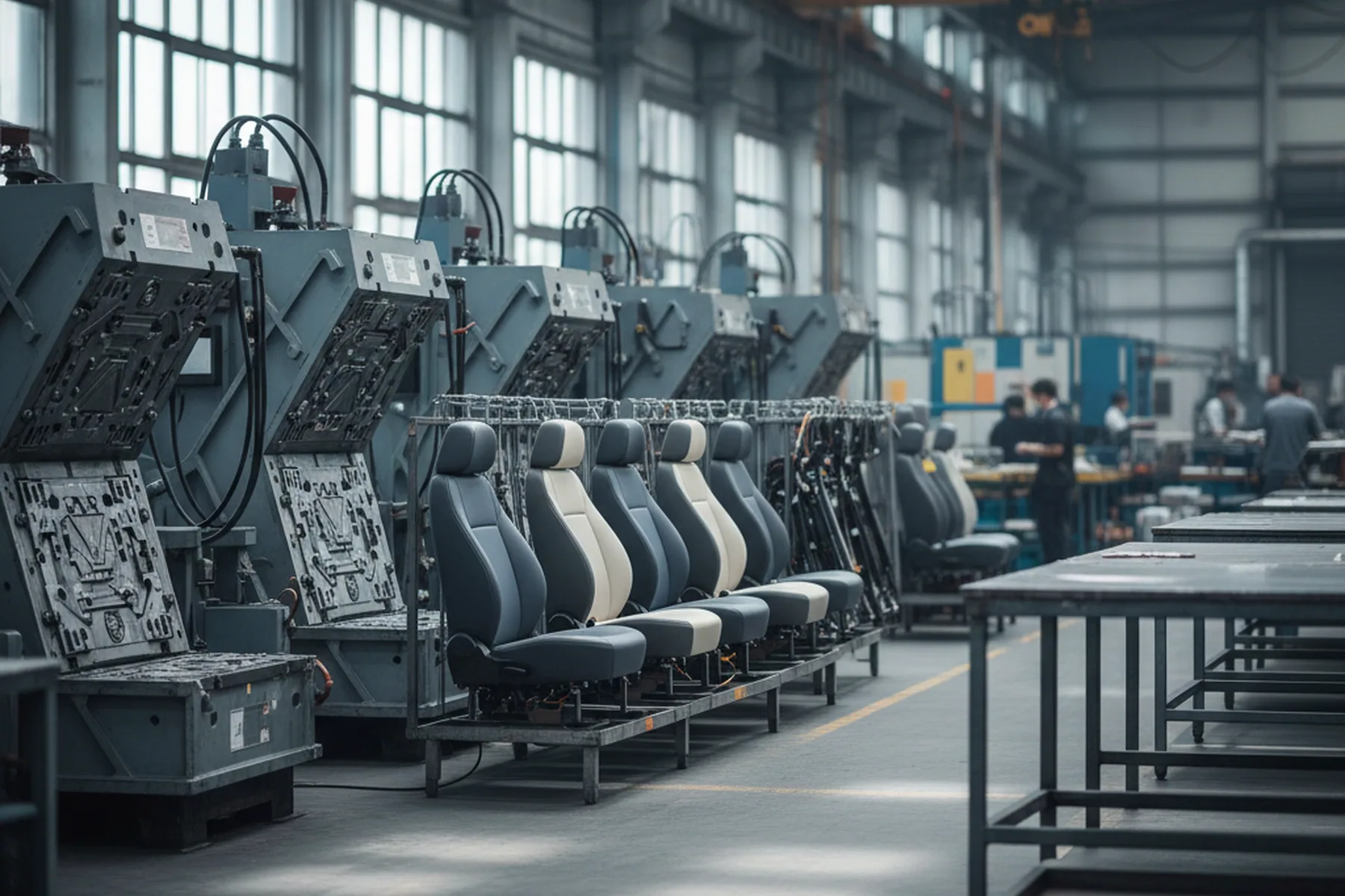 OEM seat manufacturing line with press tooling alongside finished custom seats