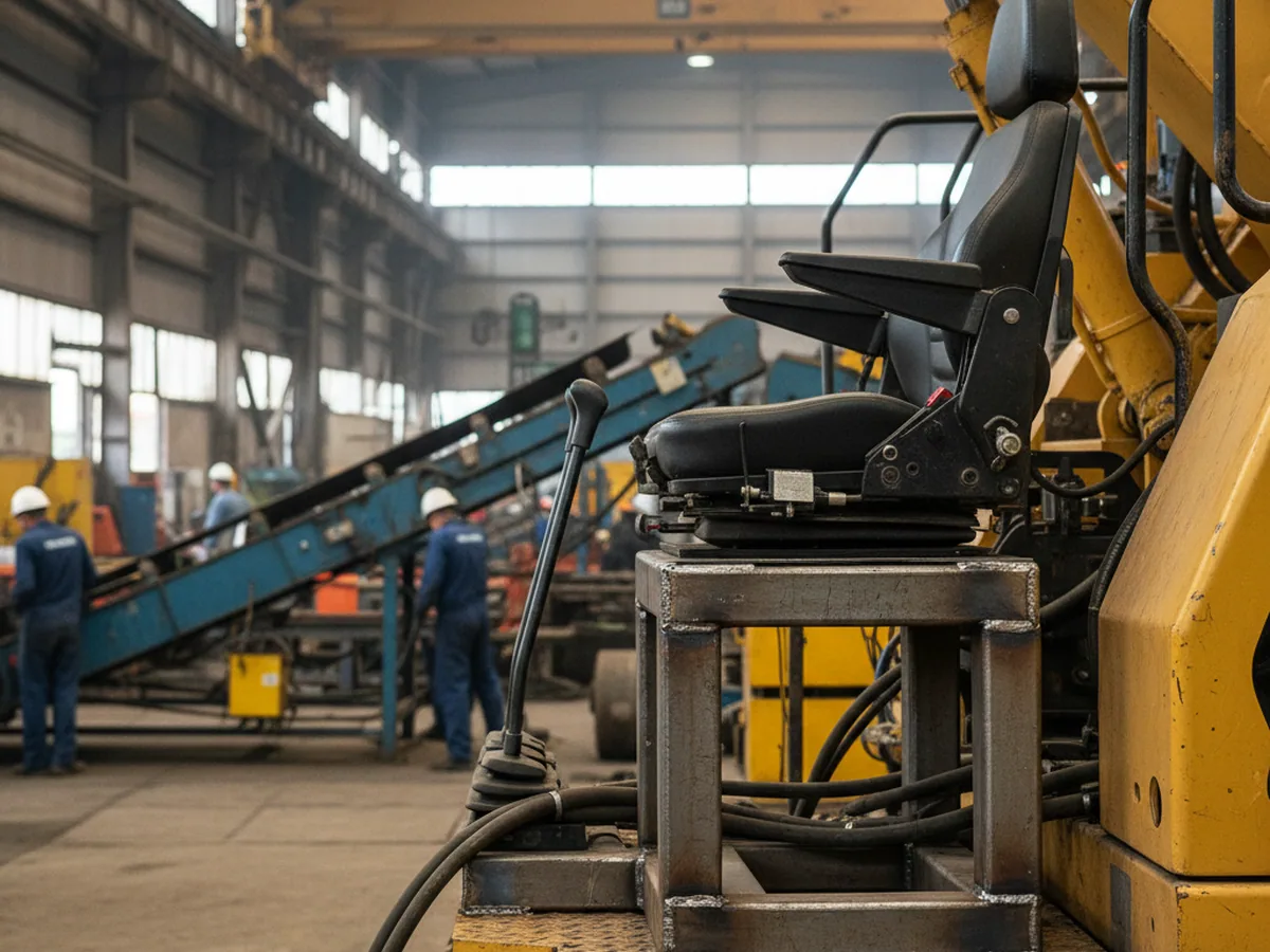 Fabricated pedestal under an excavator seat, photographed from the side