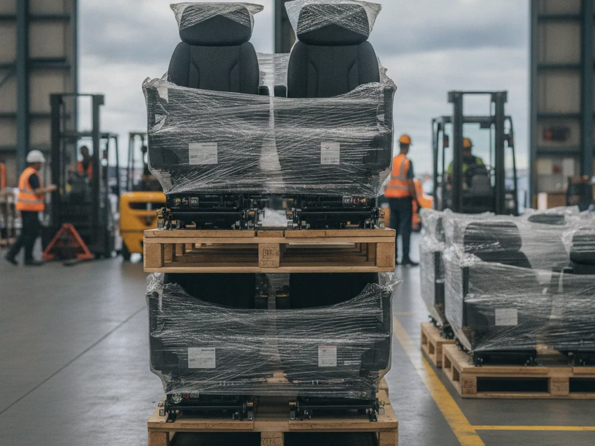 Pallets of excavator seats staged in the despatch bay