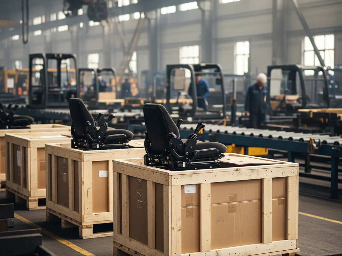 Excavator seats crated for export in the packing bay