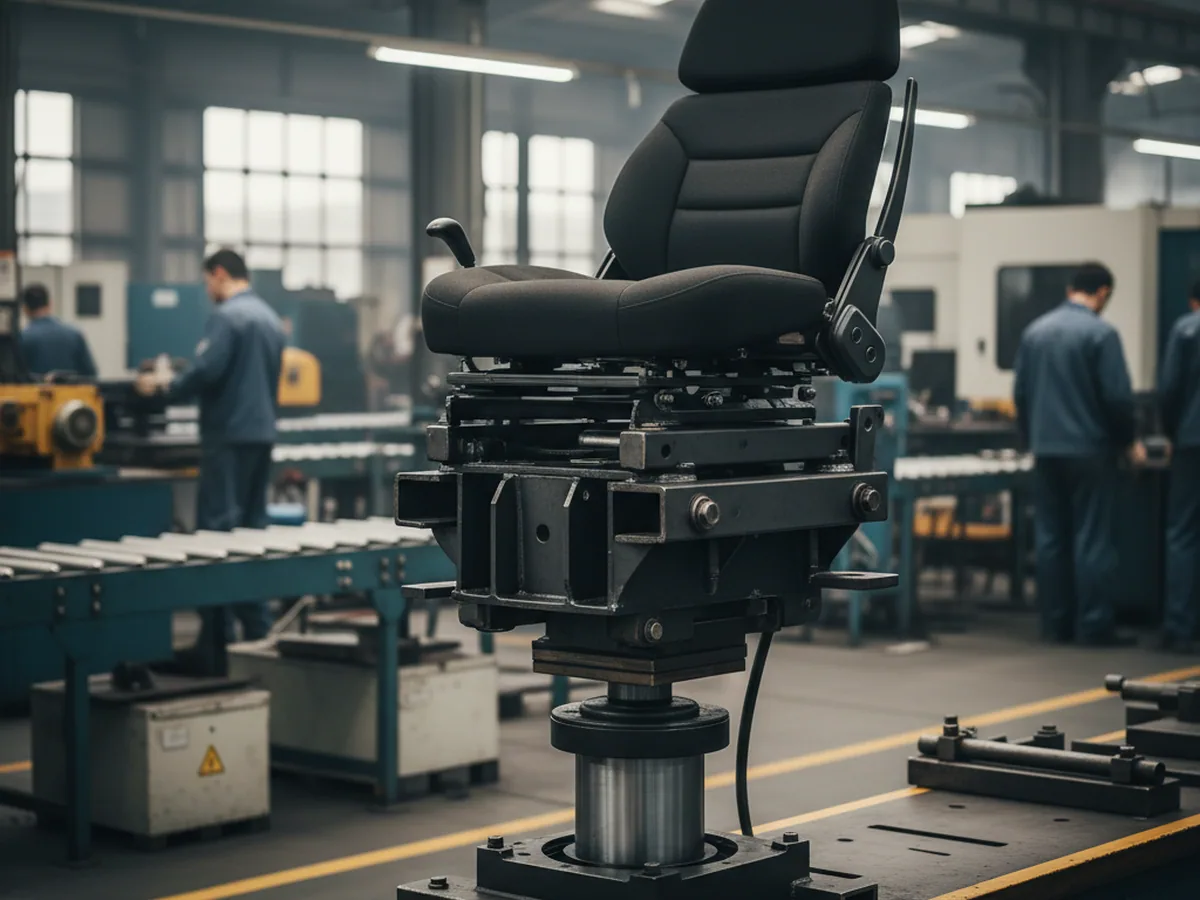Shock absorber fatigue bench with an excavator seat suspension assembly clamped in