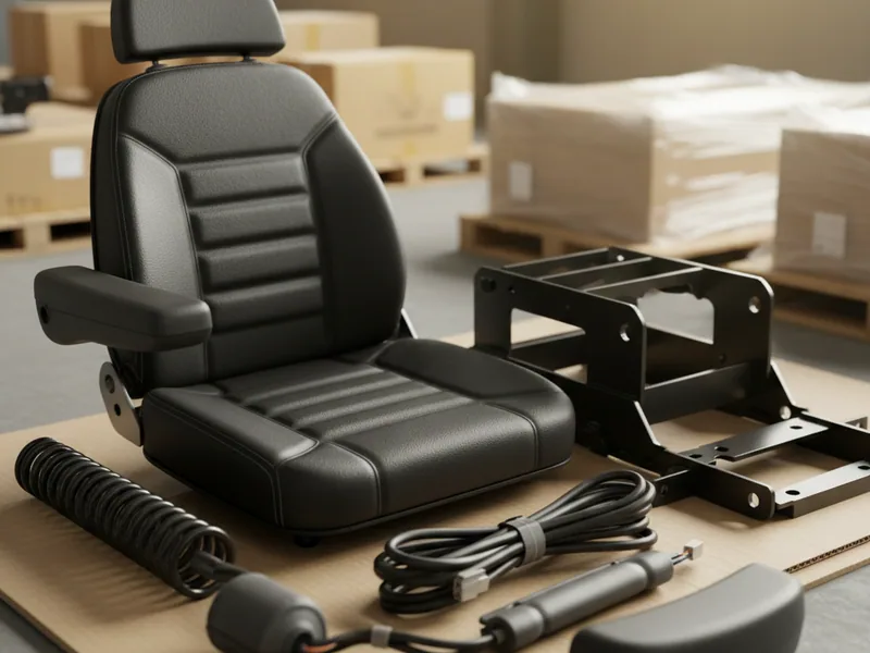 Replacement excavator seat parts laid out for despatch