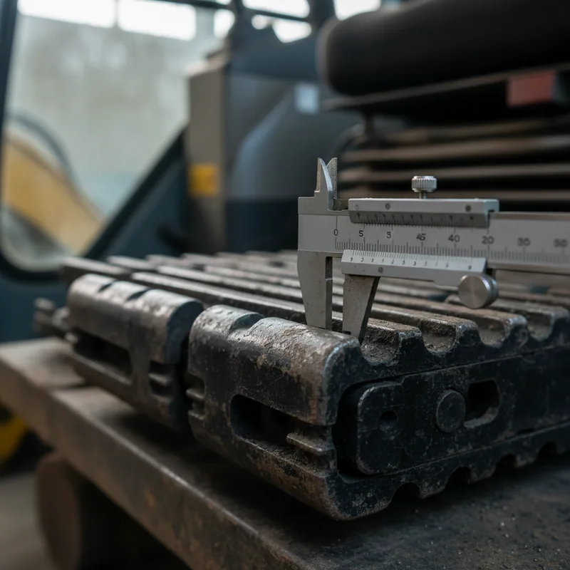 Vernier caliper across the rail of an excavator seat base