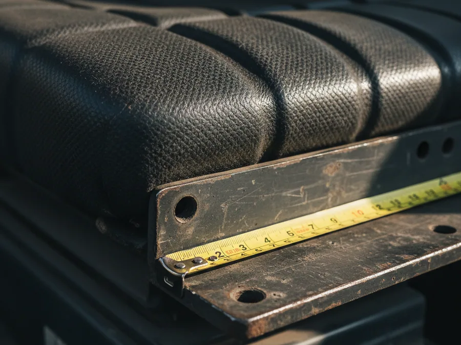 Tape measure laid square across an excavator seat mounting plate