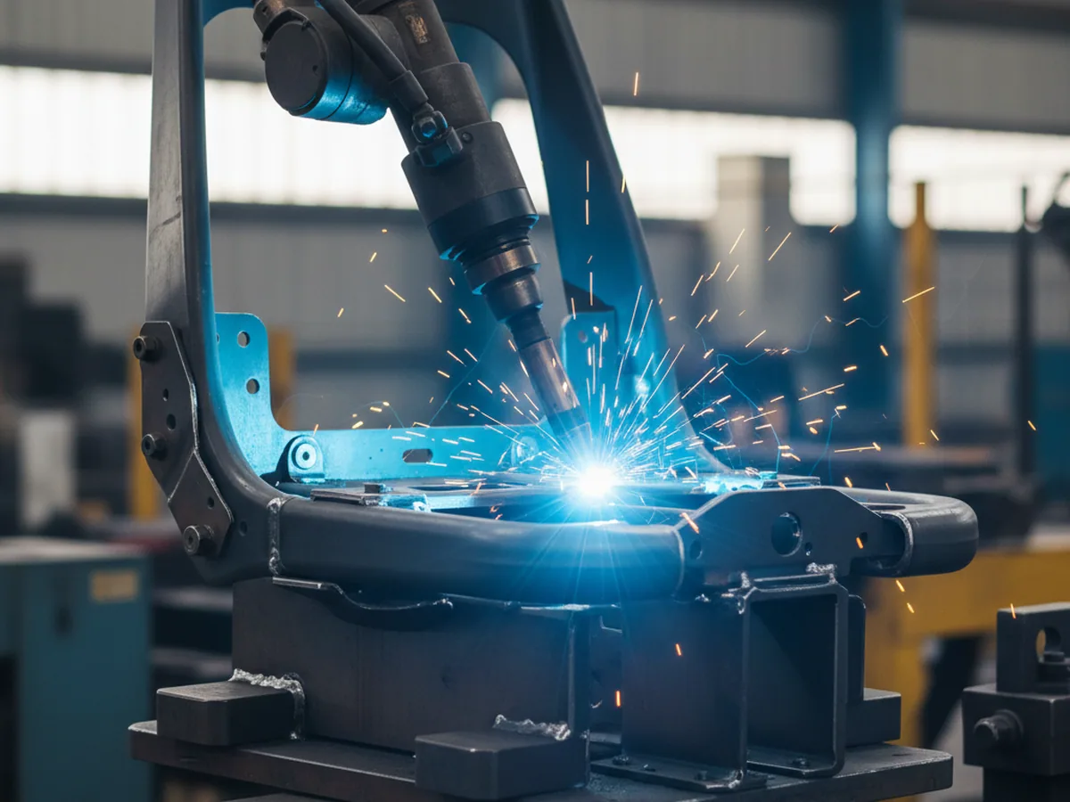 Robot weld cell joining an excavator seat frame
