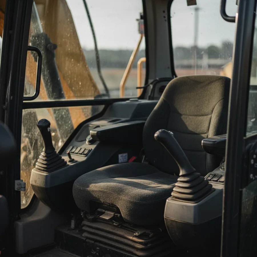 KL02 high-back excavator seat in a tracked machine cab