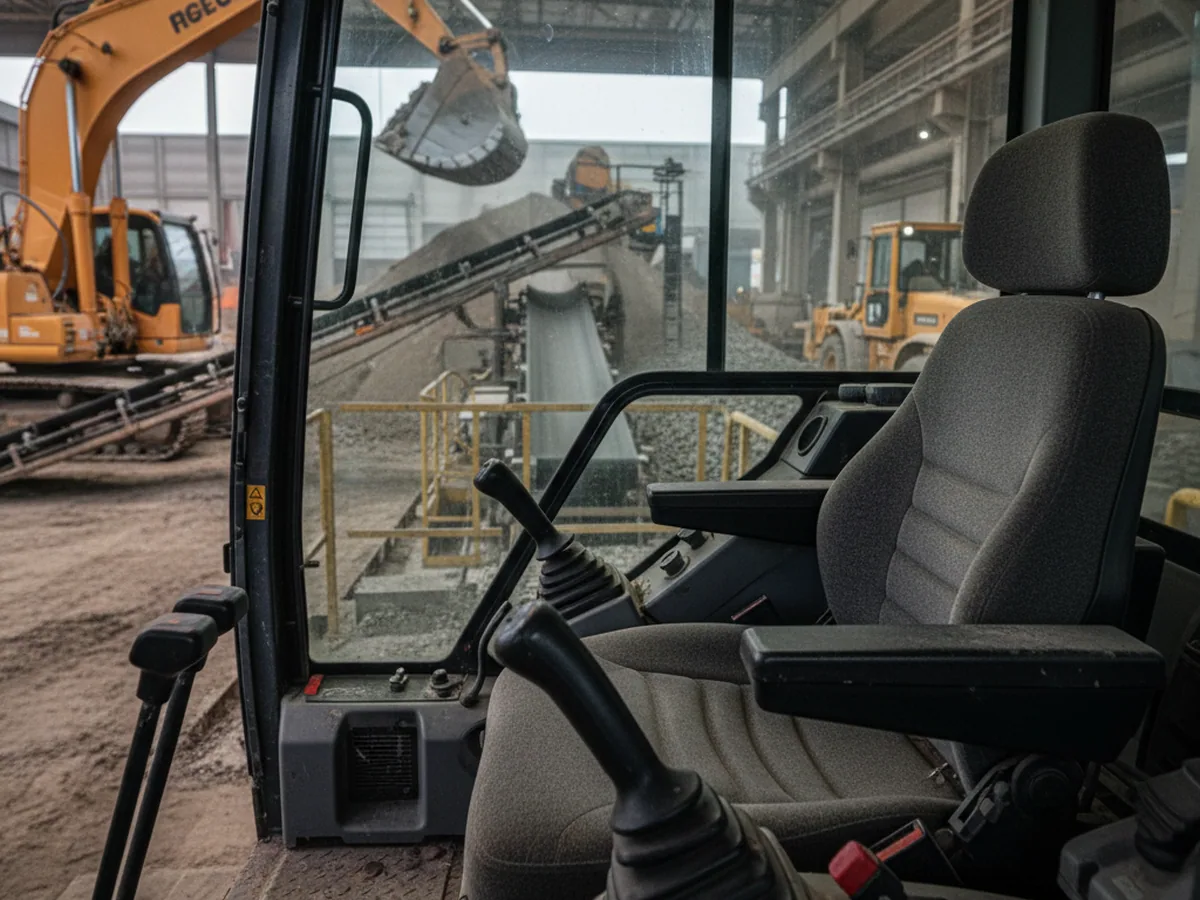 Excavator seat base and mounting plate seen from the cab door