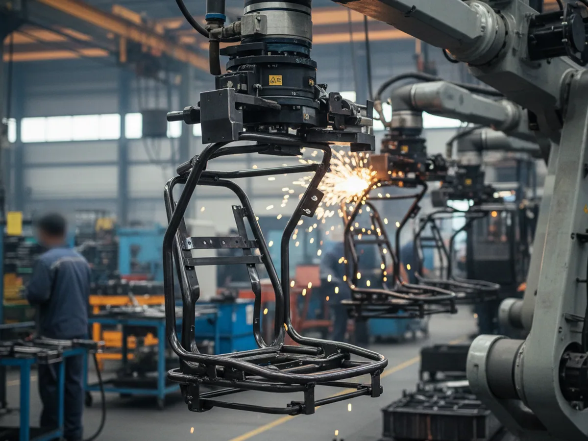 Excavator seat frame handled at a robot station on the assembly line