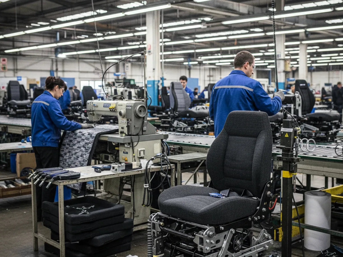 Excavator seat covers being sewn on the upholstery line