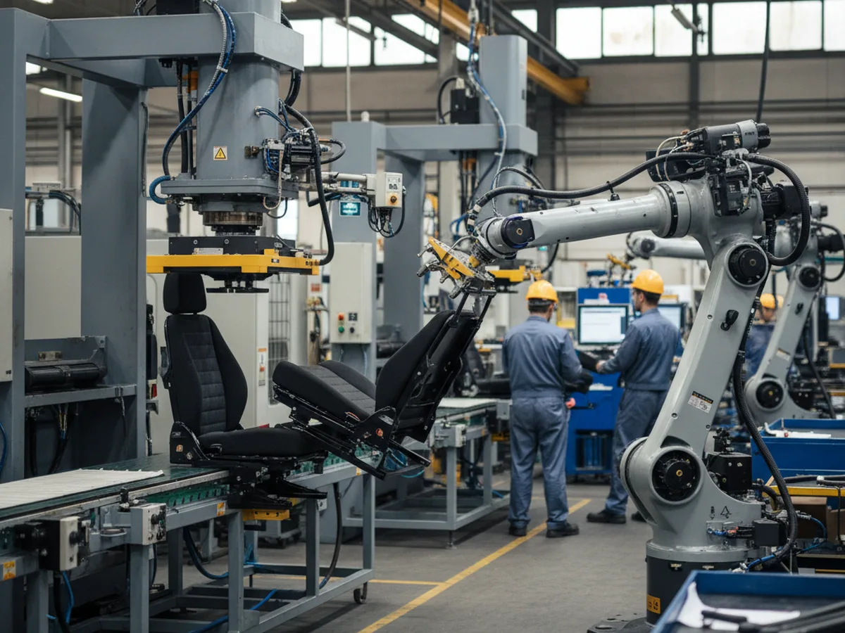 Excavator seat on an automated assembly line with a robot station alongside