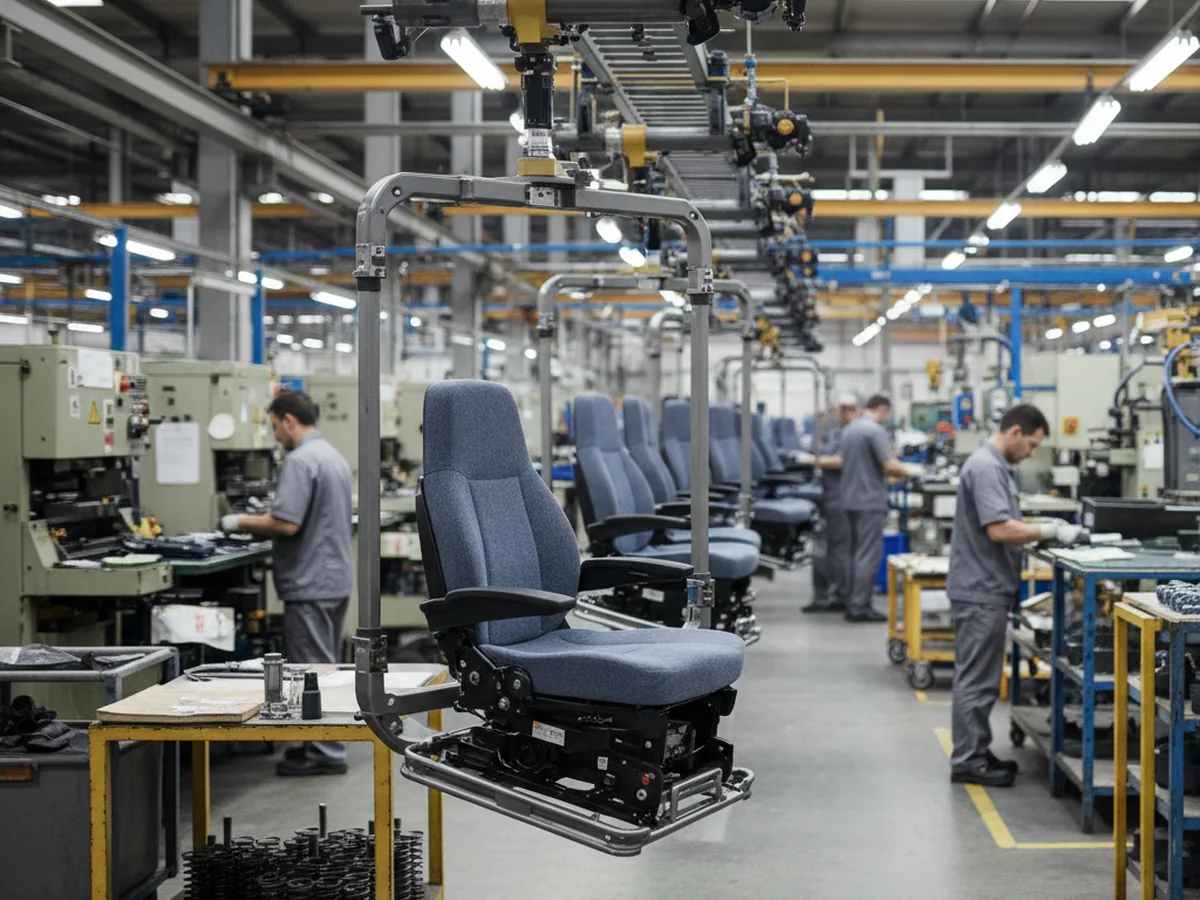Excavator seat carried on the overhead conveyor between assembly stations