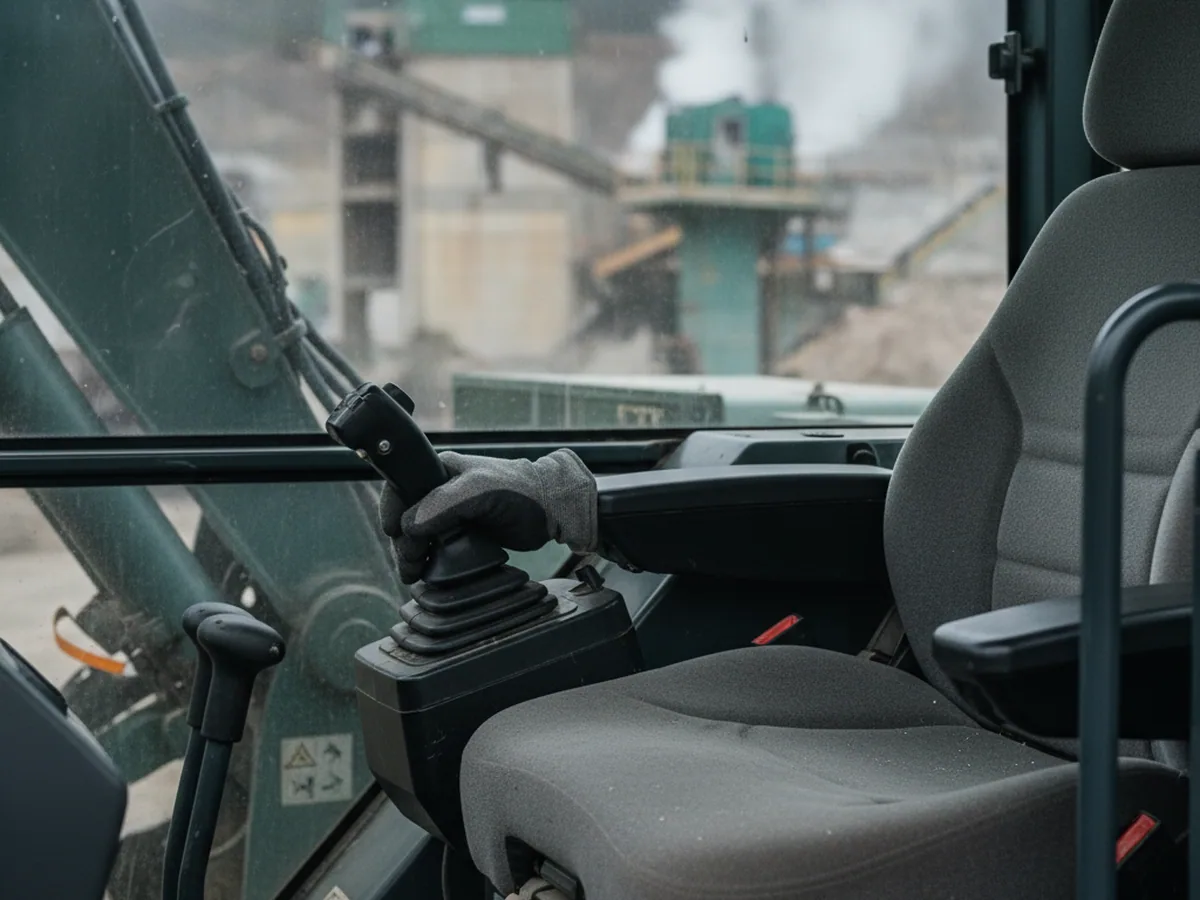 Adjustable armrest on an excavator seat with the hand on the joystick console
