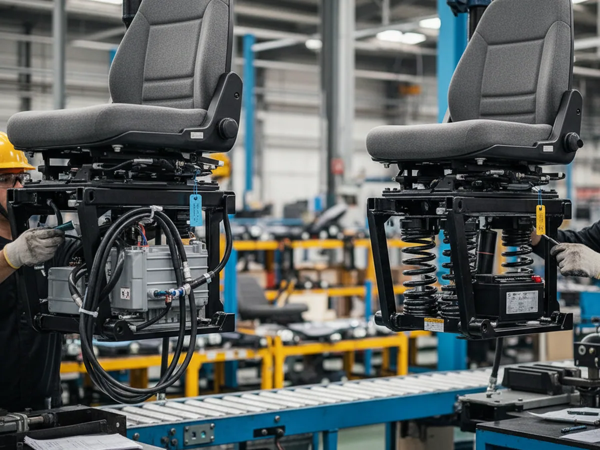 Two excavator seat suspension bases compared side by side on the line