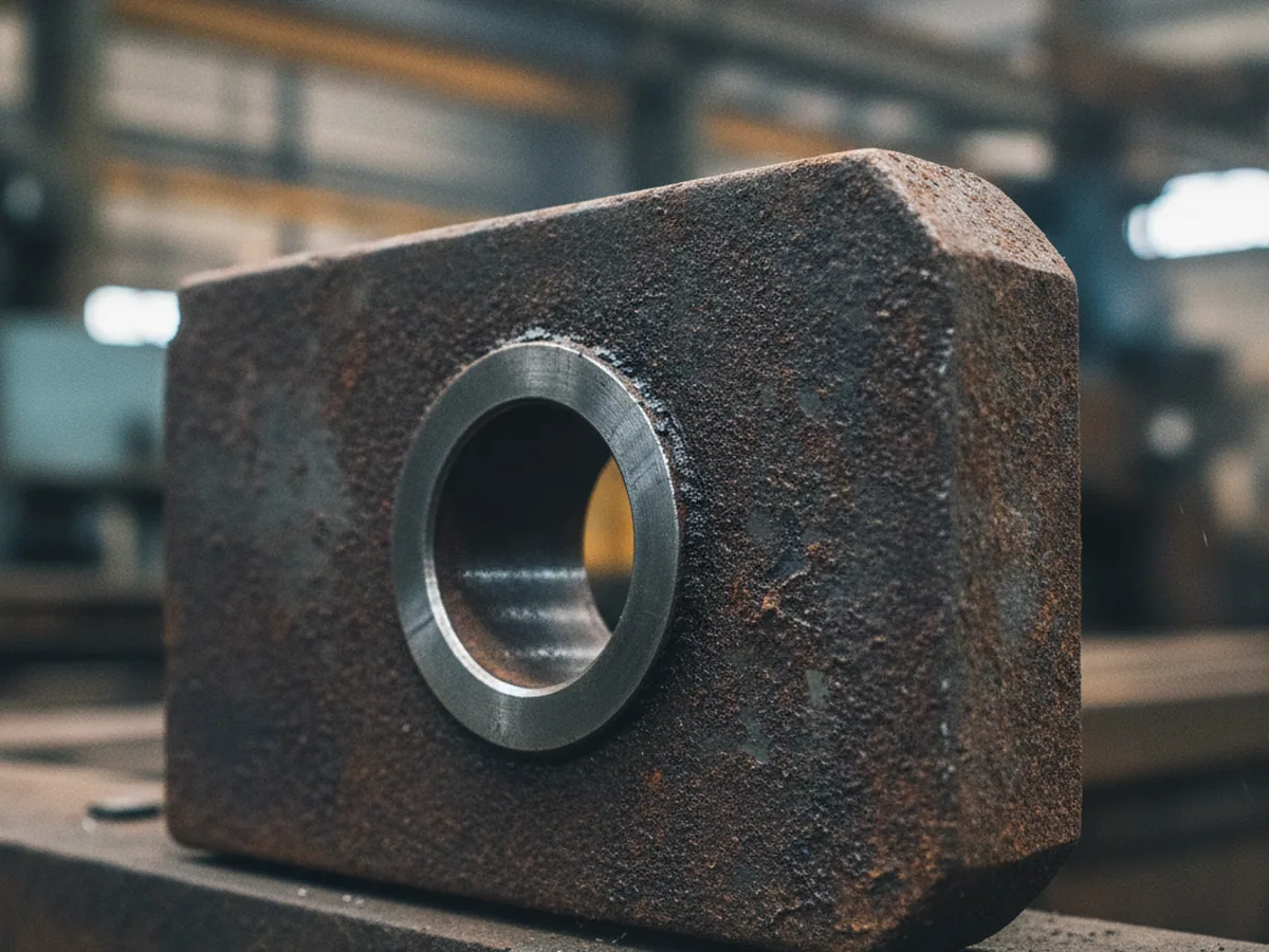 Stamped and welded bracket with a machined bore, from an excavator seat suspension