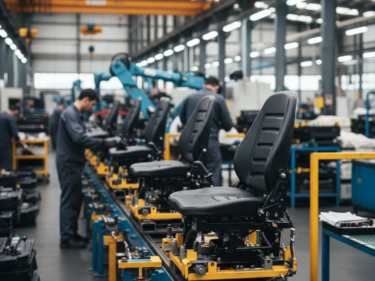 Excavator seat shells moving down the final assembly line