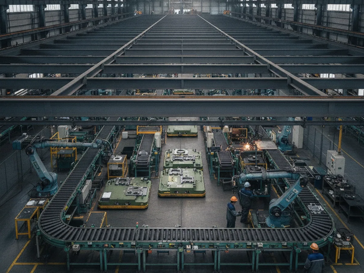 Steel beam structure overhead in an industrial building