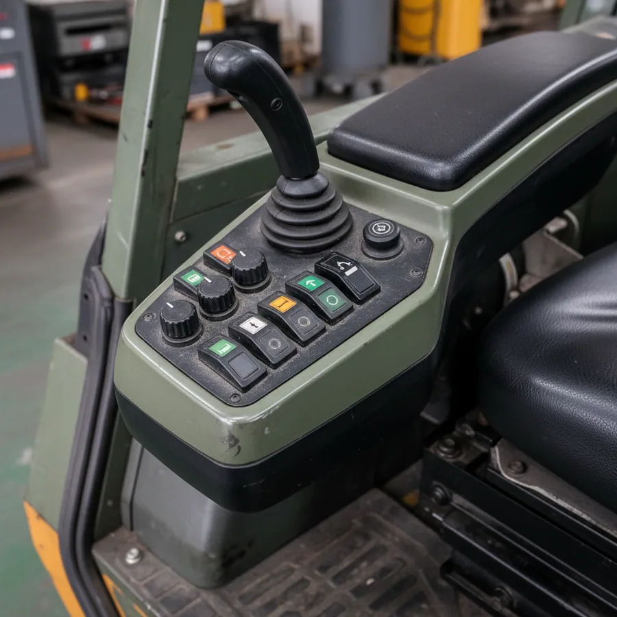 Armrest control console with switch panel on an industrial vehicle seat