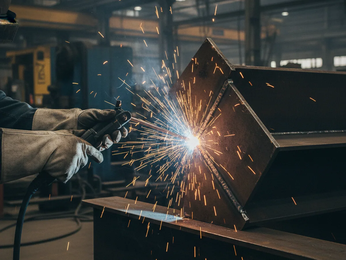 Gloved hands welding a steel component with sparks
