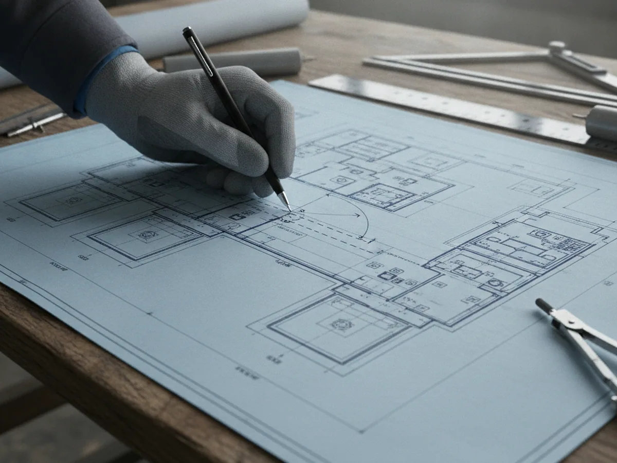 Hand drawing dimensions onto a technical plan sheet