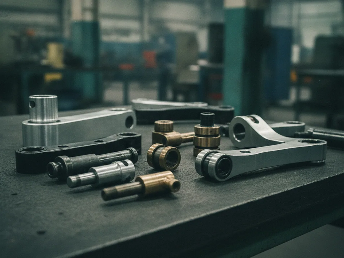 Precision machined linkage components on a dark surface