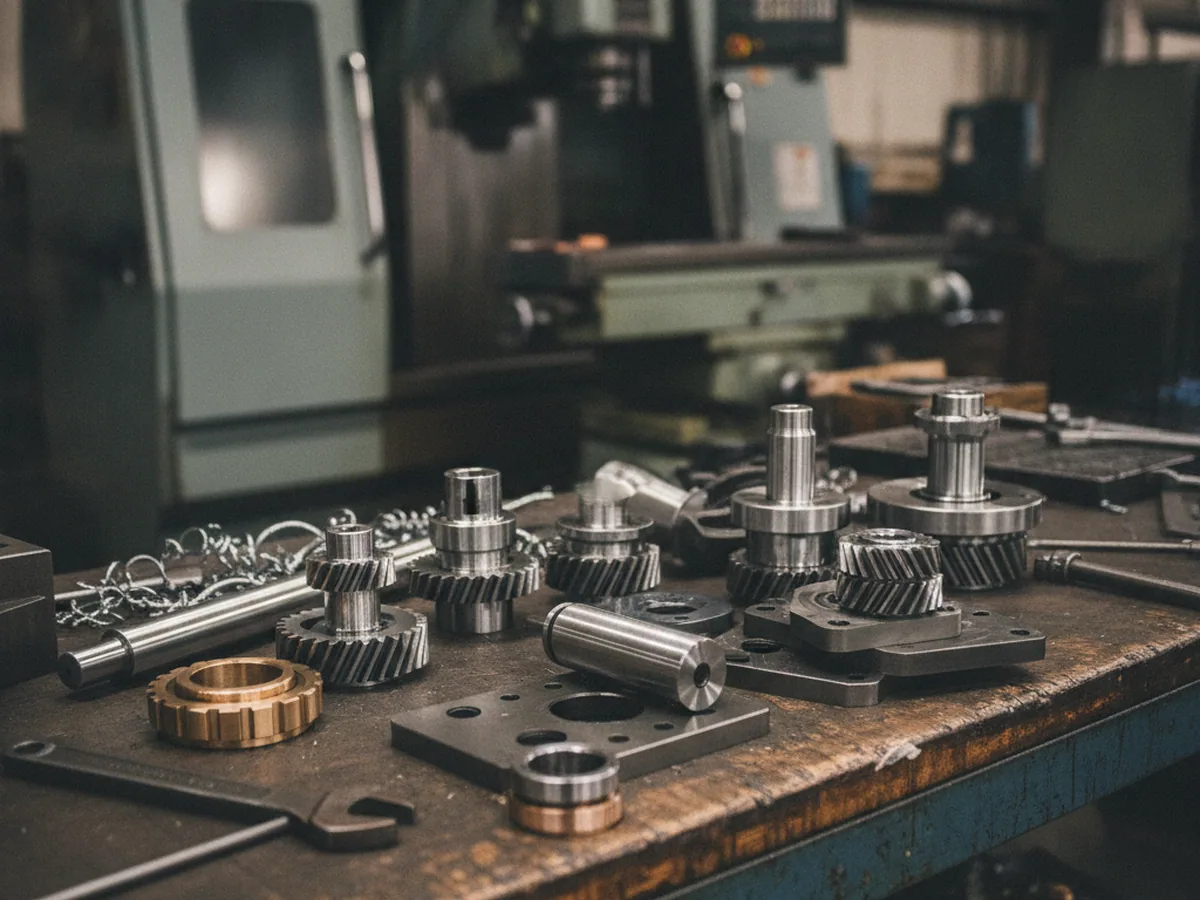 Machined metal spare components on a workbench