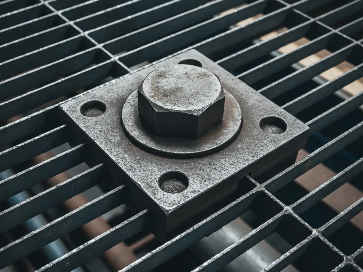 Bolt head seated in a steel mounting on a grated floor