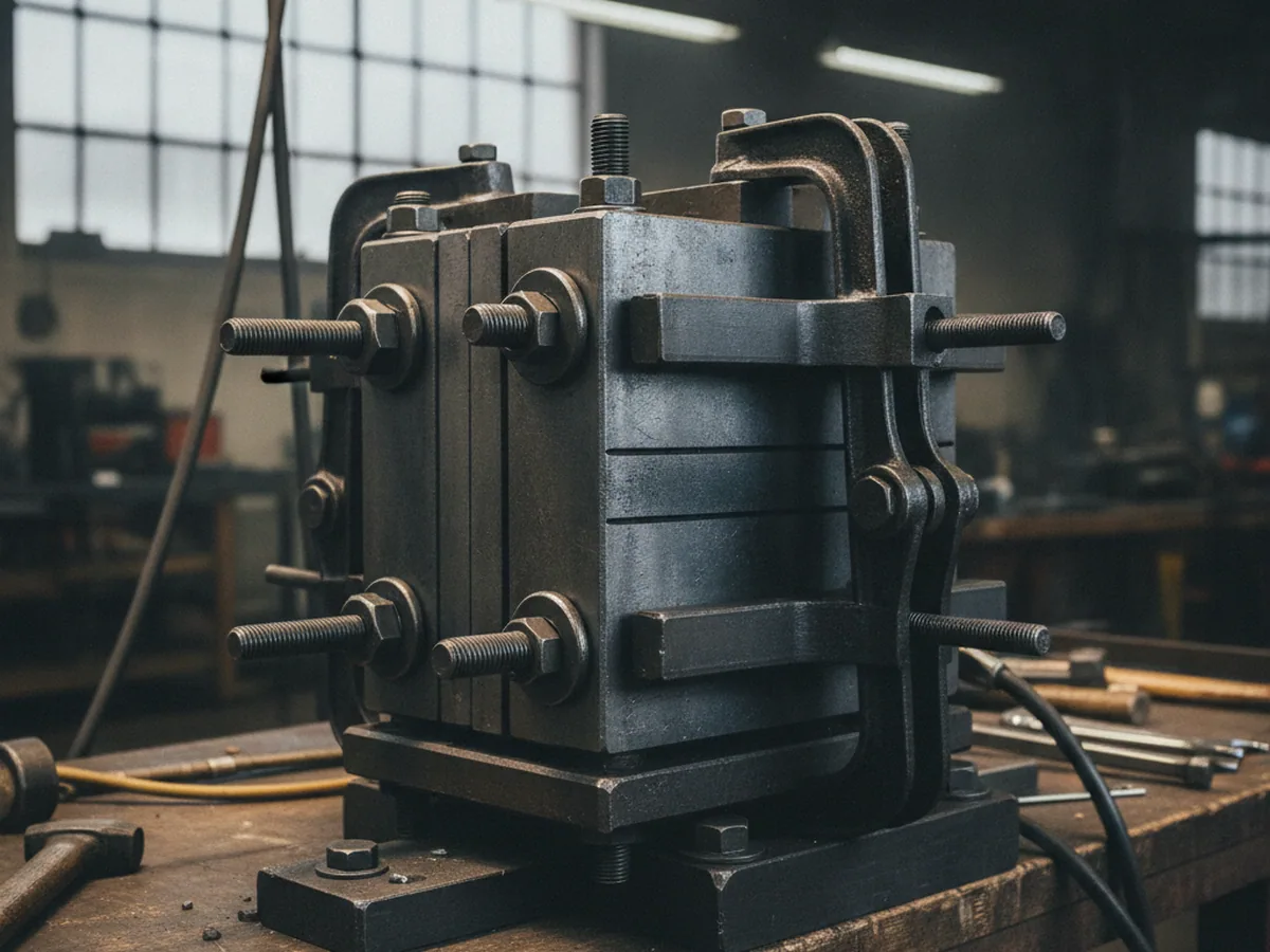 Bolted steel block clamped in a workshop fixture