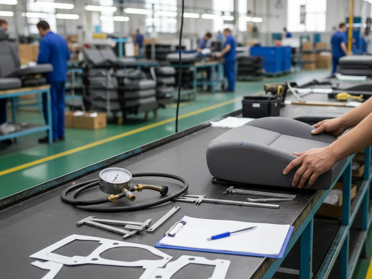 Inspection station at the industrial vehicle seat manufacturer's plant, where seats are checked and recorded