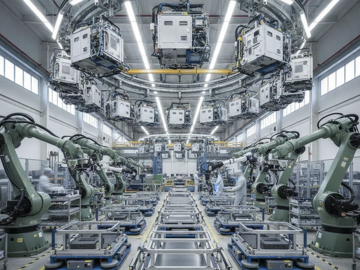 Modern automated production line with an overhead carousel conveyor