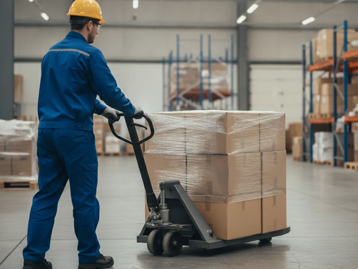 Worker moving cartons with a hand pallet truck