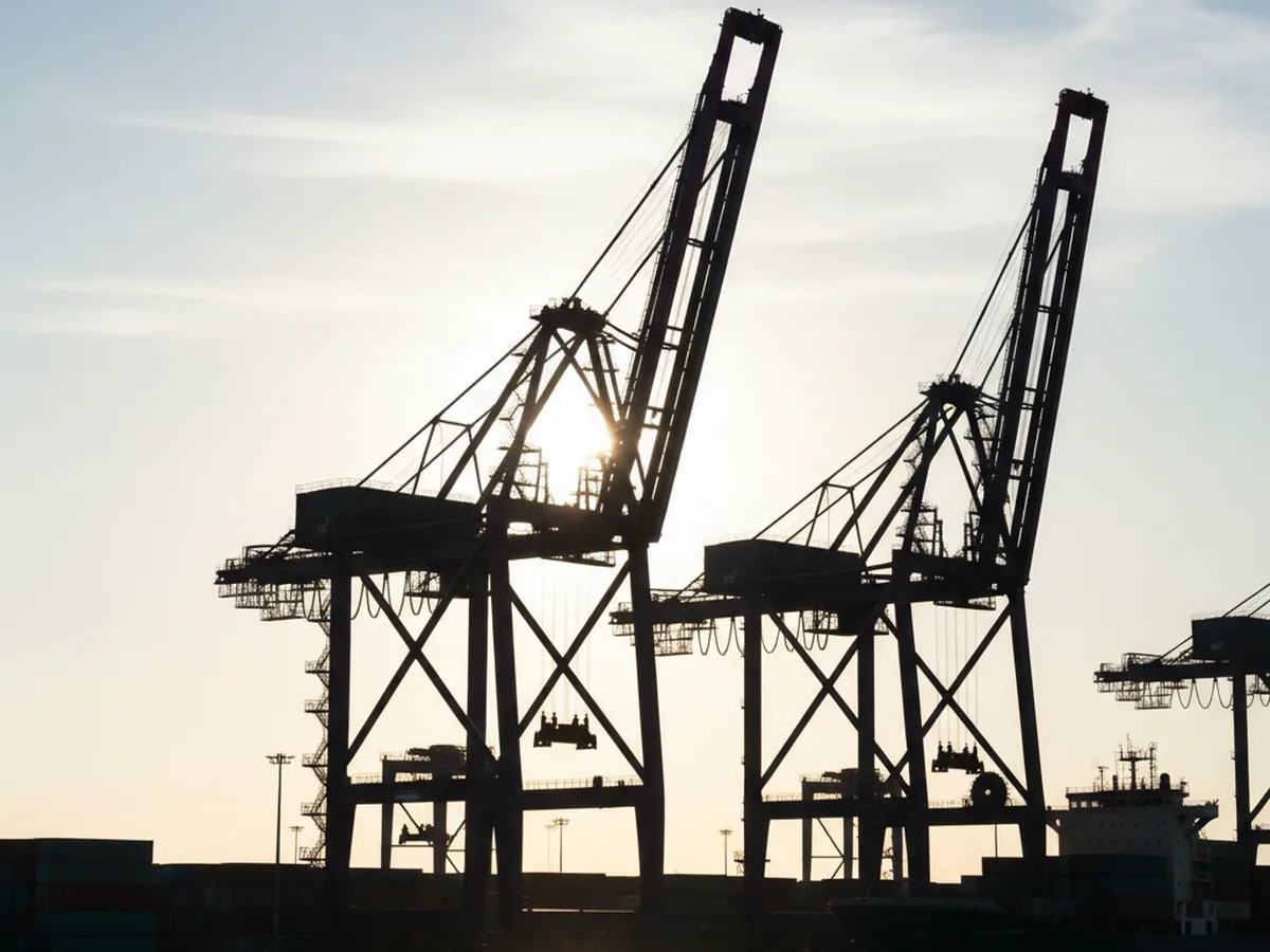 Silhouetted port gantry cranes against a bright sky