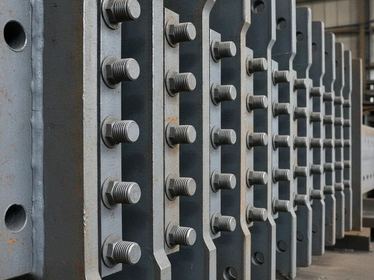Rows of steel bolts and drilled steel brackets