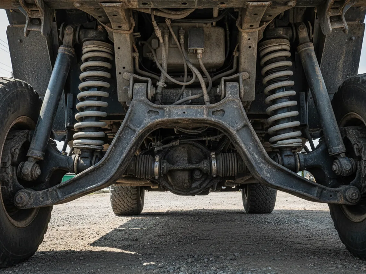Underside of an air suspension seat with dampers and control arms, as on the YJ03 agricultural seat