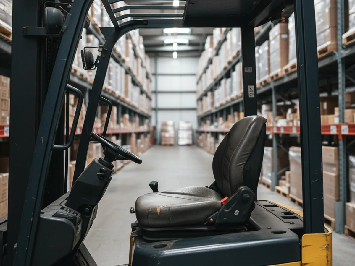 Forklift operator seat in a warehouse aisle