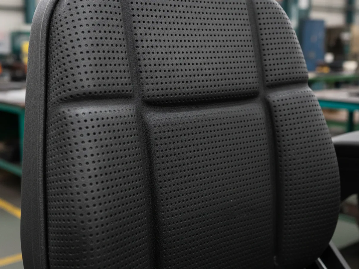 Close-up of dark perforated upholstery material
