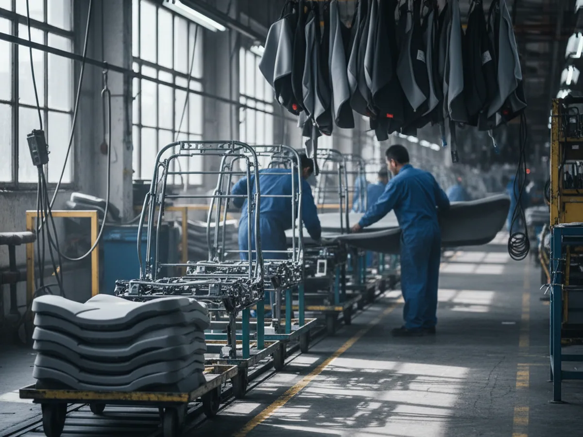 Industrial vehicle seat manufacturer assembly line: frames, foam and covers meeting on one moving line